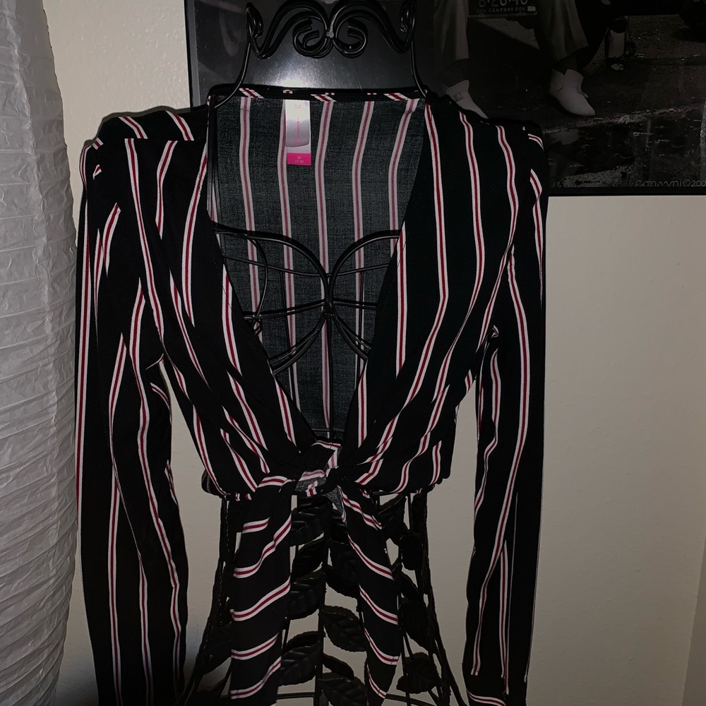 Striped, Tie Up, Cropped Sweater